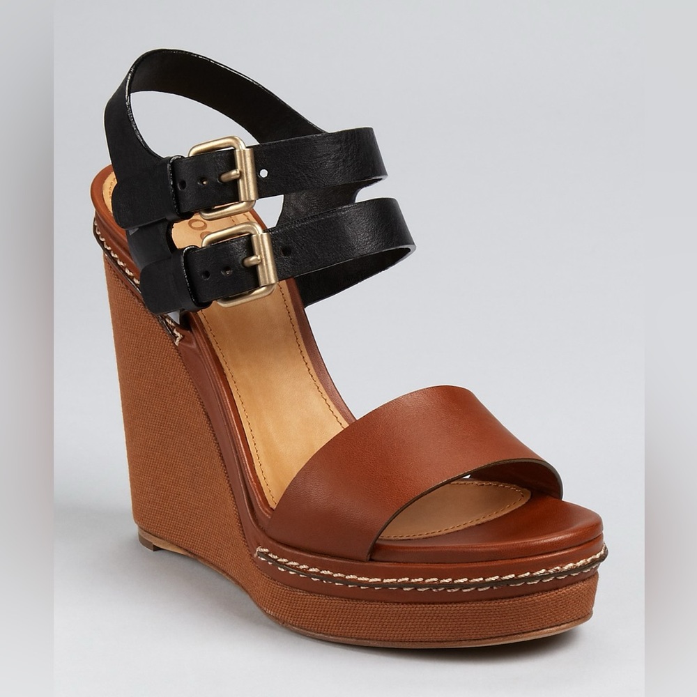NEW CHLOE BROWN BLACK LEATHER STRAPPY PLATFORM WEDGE SANDALS